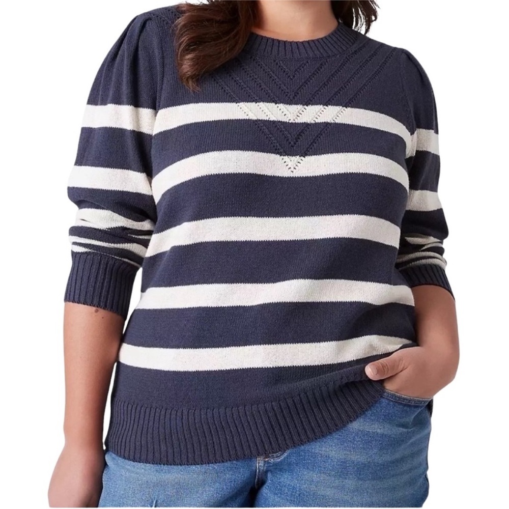 NWT Lane Bryant Nautical Striped Navy and White Cotton Knit Pullover Sweater